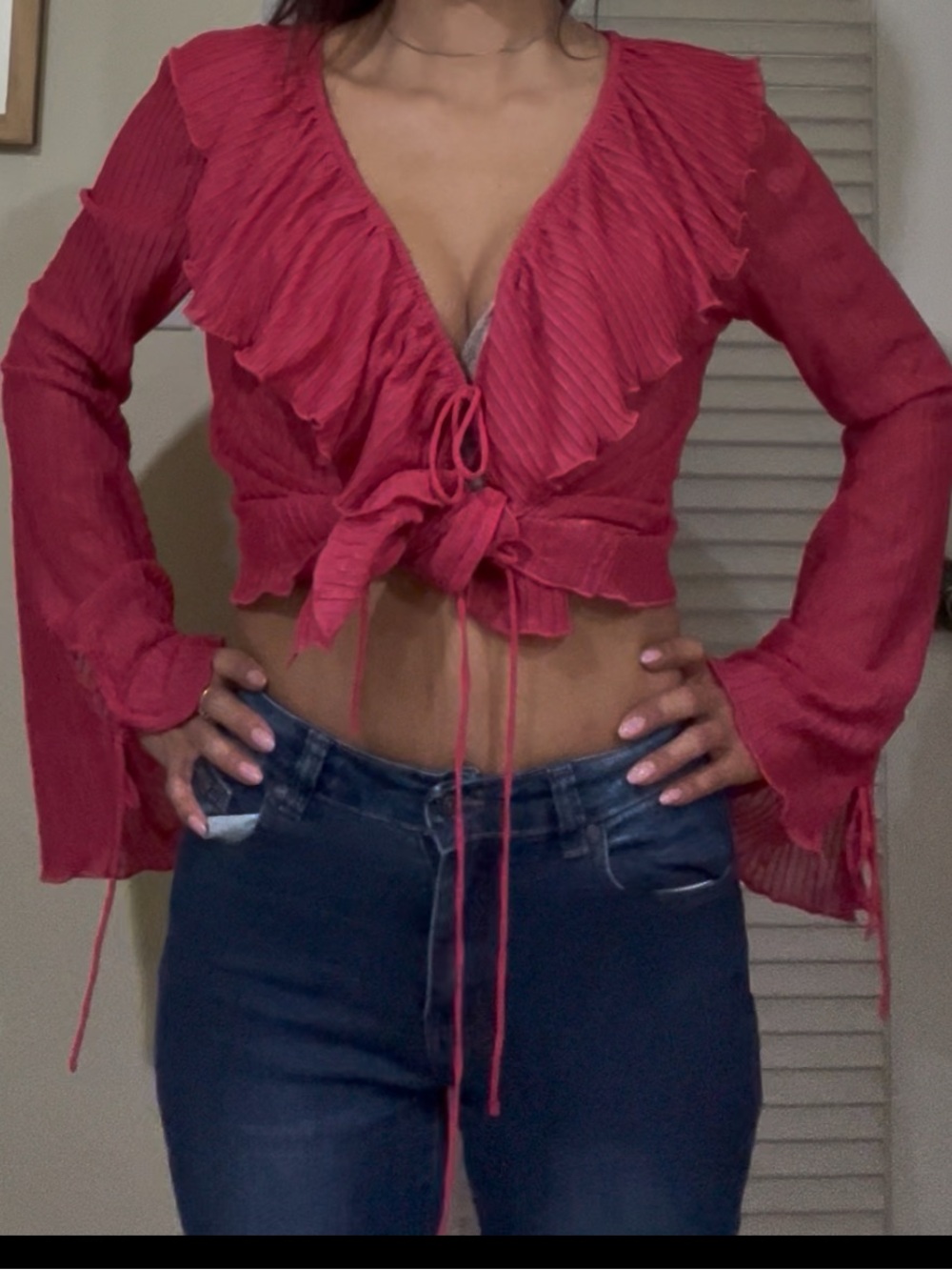 Zara Fuchsia Ruffled Tie-Front Crop Blouse